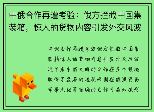 中俄合作再遭考验：俄方拦截中国集装箱，惊人的货物内容引发外交风波